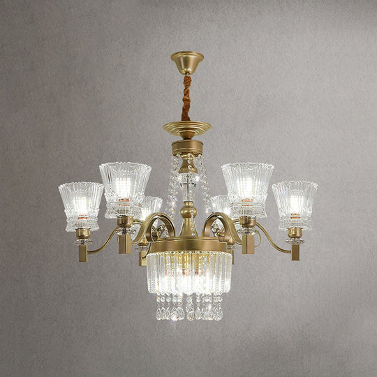 Modern Gold Crystal Chandelier Pendant Lamp with Clear Conical Shades - 6/9-Head Light Fixture for Bedroom