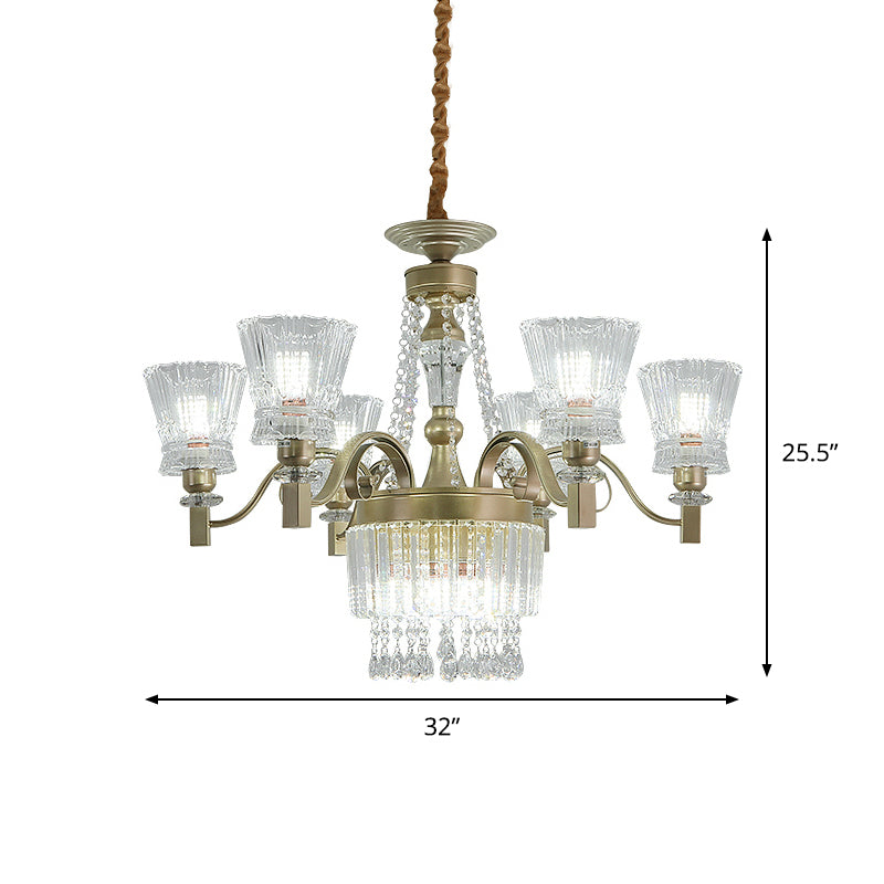 Modern Gold Crystal Chandelier Pendant Lamp with Clear Conical Shades - 6/9-Head Light Fixture for Bedroom