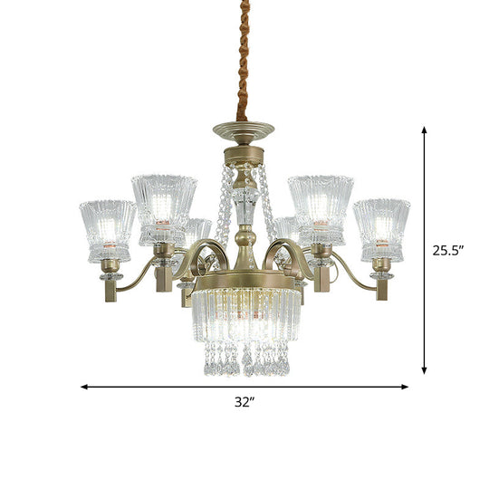 Modern Gold Crystal Chandelier Pendant Lamp with Clear Conical Shades - 6/9-Head Light Fixture for Bedroom