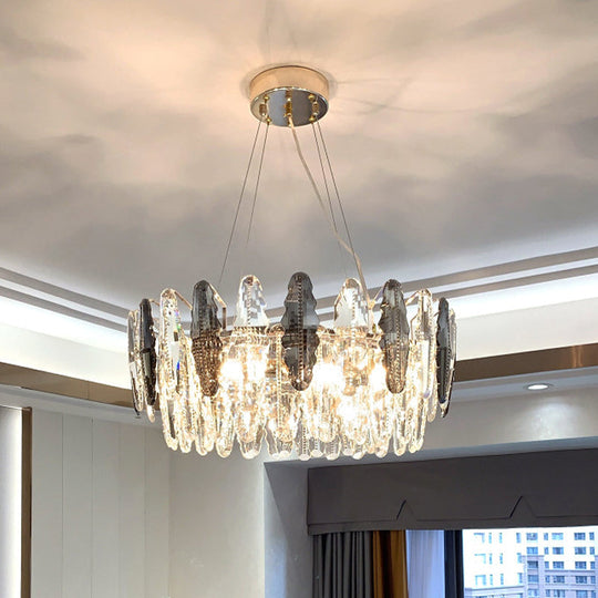 Lustre en cristal moderniste clair et gris fumé - Suspension à 2 niveaux, 6 têtes