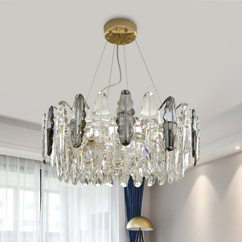 Lustre en cristal moderniste clair et gris fumé - Suspension à 2 niveaux, 6 têtes