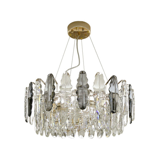 Lustre en cristal moderniste clair et gris fumé - Suspension à 2 niveaux, 6 têtes