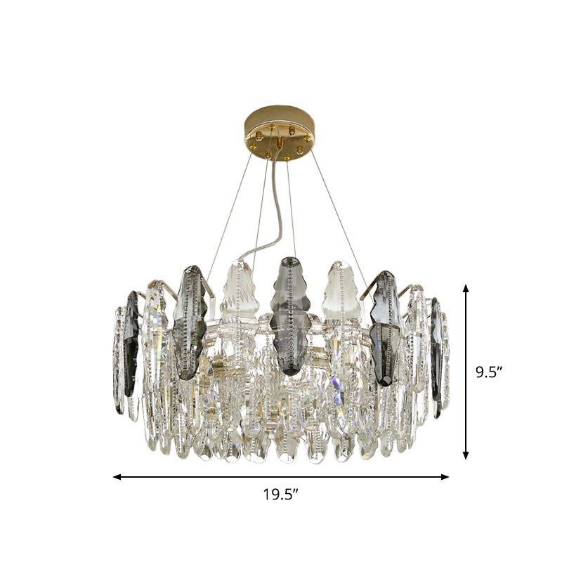 Lustre en cristal moderniste clair et gris fumé - Suspension à 2 niveaux, 6 têtes