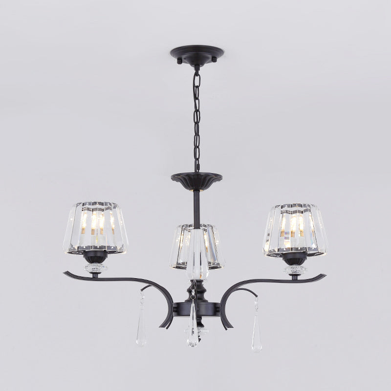 Modern Black Crystal Cone Chandelier - 3/6-Bulb Ceiling Suspension Lamp for Bedroom