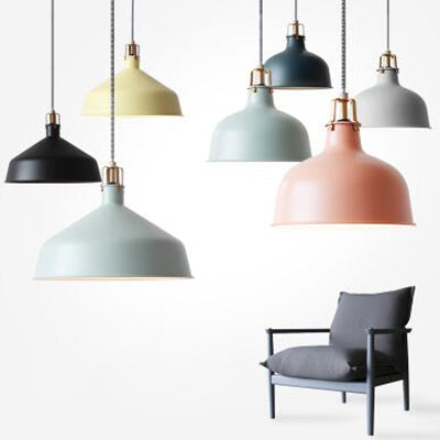 Industrial Style Metal Pendant Light with Adjustable Cord - 1-Light, 8.5"/13" Width, Domed Design. Choose from Grey or Pink for Dining Room.