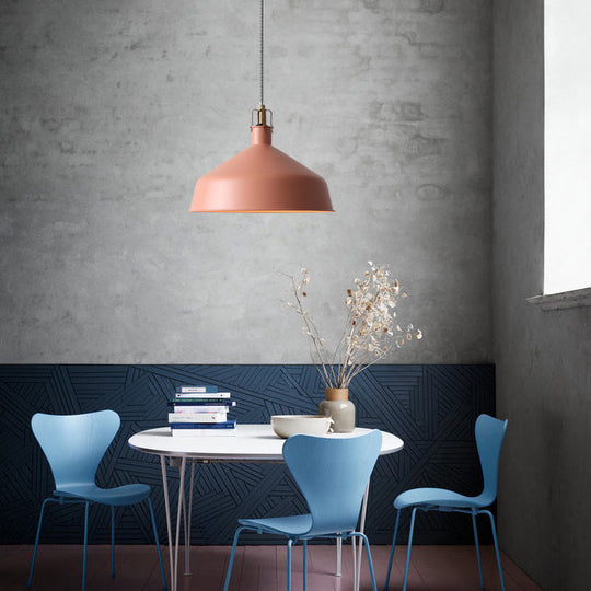 Industrial Style Metal Pendant Light with Adjustable Cord - 1-Light, 8.5"/13" Width, Domed Design. Choose from Grey or Pink for Dining Room.