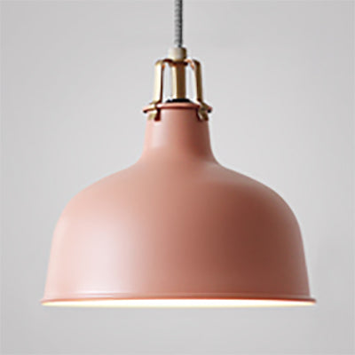 Industrial Style Metal Pendant Light with Adjustable Cord - 1-Light, 8.5"/13" Width, Domed Design. Choose from Grey or Pink for Dining Room.