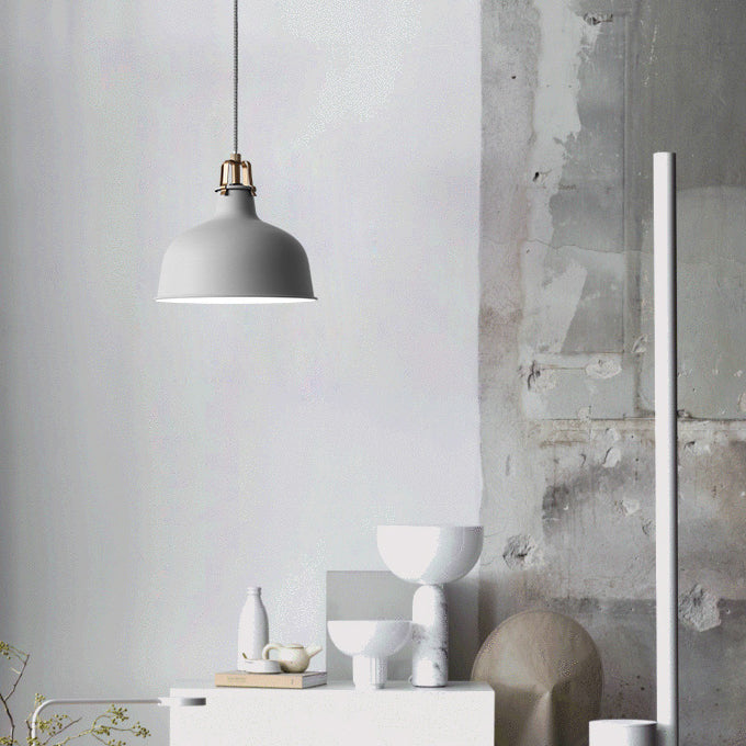 Industrial Style Metal Pendant Light with Adjustable Cord - 1-Light, 8.5"/13" Width, Domed Design. Choose from Grey or Pink for Dining Room.