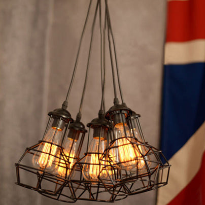 6-Bulb Industrial Pendant Lamp With Cage Shade And Adjustable Cord Bronze Finish