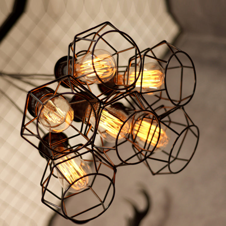 Bronze Industrial Cluster Pendant Lighting: Cage Shade, Adjustable Cord, 6 Bulbs