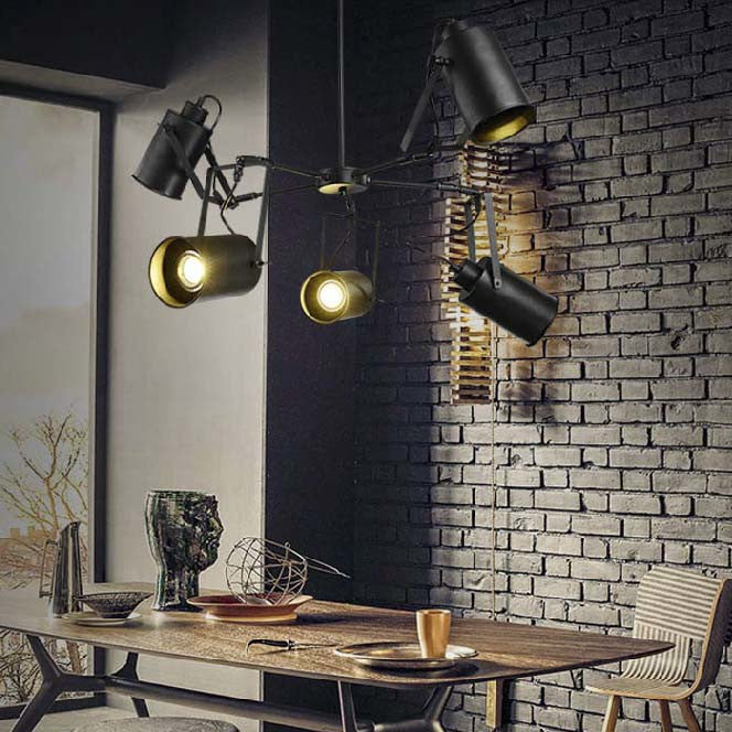 Adjustable Pendant Lighting - Black Finish Chandelier With Retro Metal Cylinder Shade 5 Bulbs