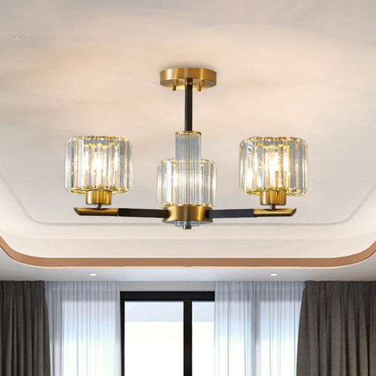 Crystal Block Ceiling Light with 3/6 Semi-Mounted Cylinder Lights in Black and Gold