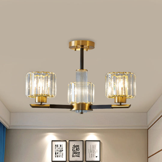 Crystal Block Ceiling Light with 3/6 Semi-Mounted Cylinder Lights in Black and Gold