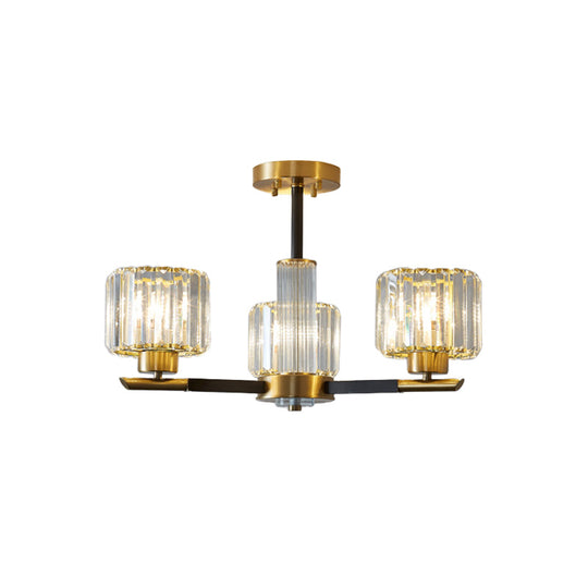 Crystal Block Ceiling Light with 3/6 Semi-Mounted Cylinder Lights in Black and Gold