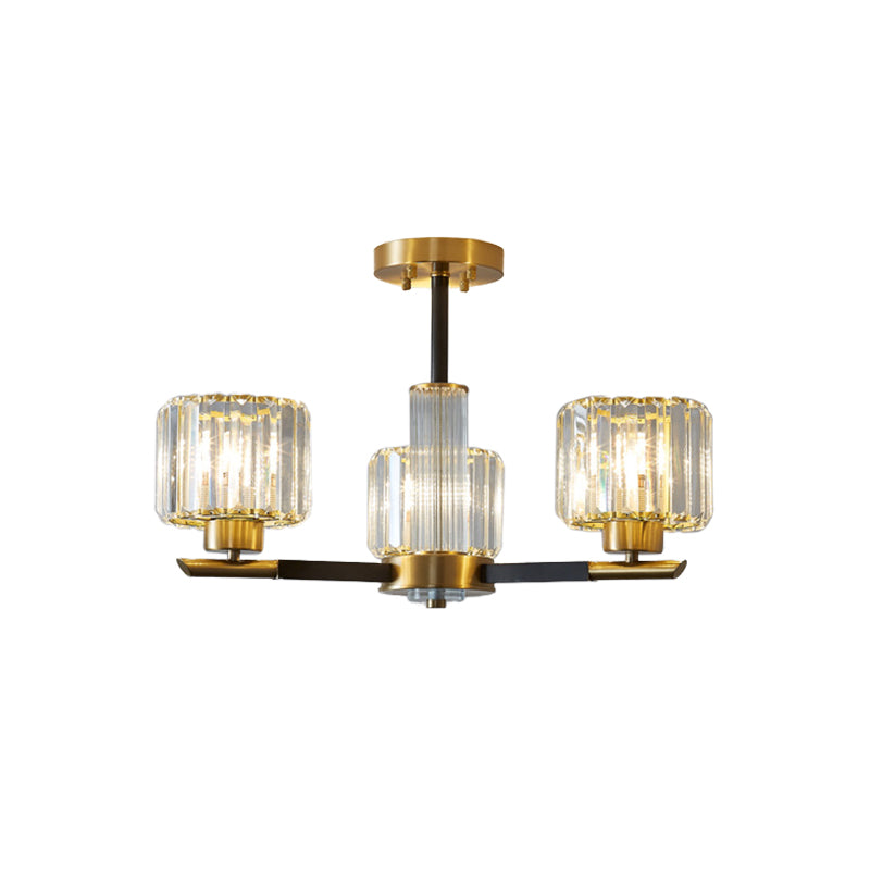 Crystal Block Ceiling Light With 3/6 Semi-Mounted Cylinder Lights In Black And Gold