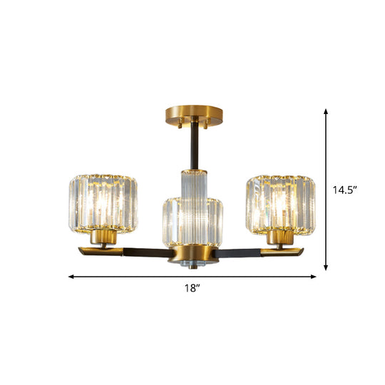 Crystal Block Ceiling Light with 3/6 Semi-Mounted Cylinder Lights in Black and Gold