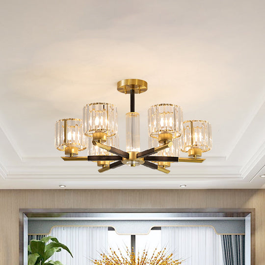 Crystal Block Ceiling Light with 3/6 Semi-Mounted Cylinder Lights in Black and Gold