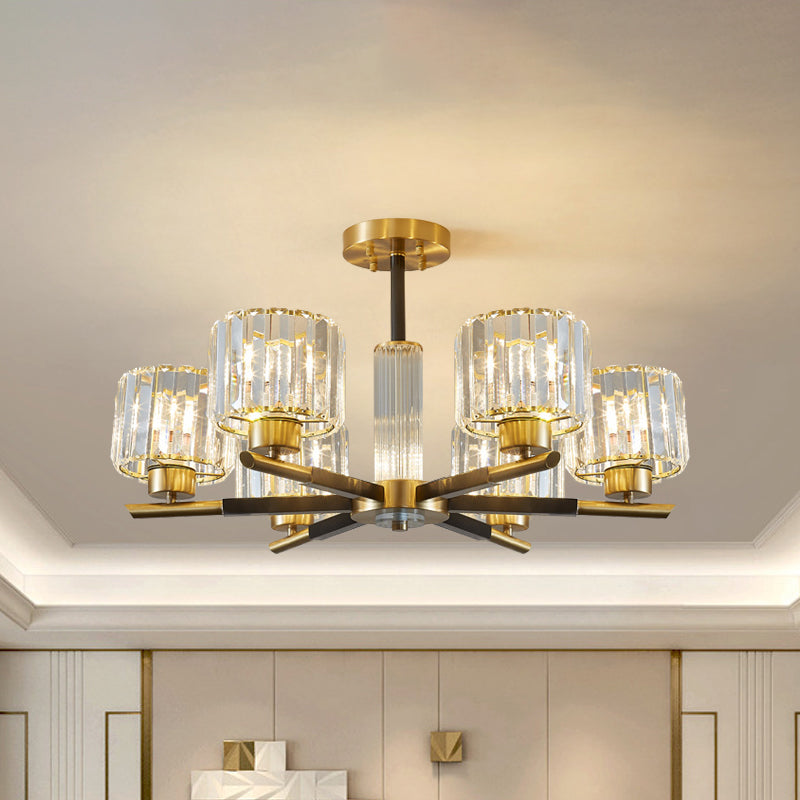 Crystal Block Ceiling Light with 3/6 Semi-Mounted Cylinder Lights in Black and Gold