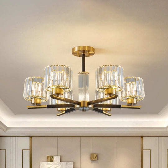 Crystal Block Ceiling Light with 3/6 Semi-Mounted Cylinder Lights in Black and Gold