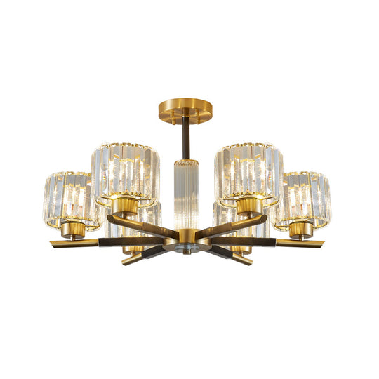 Crystal Block Ceiling Light with 3/6 Semi-Mounted Cylinder Lights in Black and Gold