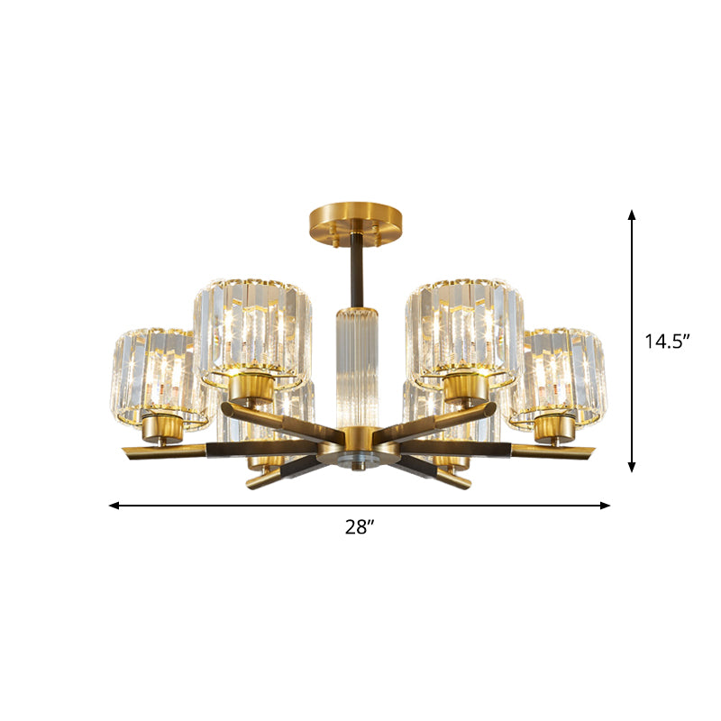 Crystal Block Ceiling Light with 3/6 Semi-Mounted Cylinder Lights in Black and Gold