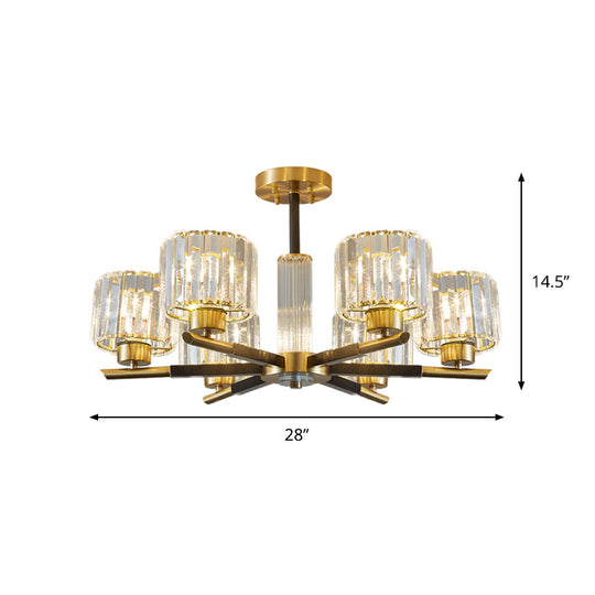 Crystal Block Ceiling Light with 3/6 Semi-Mounted Cylinder Lights in Black and Gold