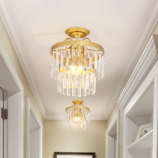 Gold 2-Layer Crystal Semi Flush Mount Light Fixture with 3/5 Bulbs - Postmodern Style for Living Room