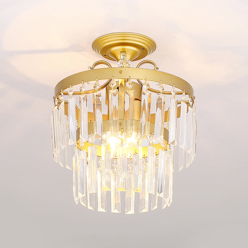 Gold 2-Layer Crystal Semi Flush Mount Light Fixture with 3/5 Bulbs - Postmodern Style for Living Room