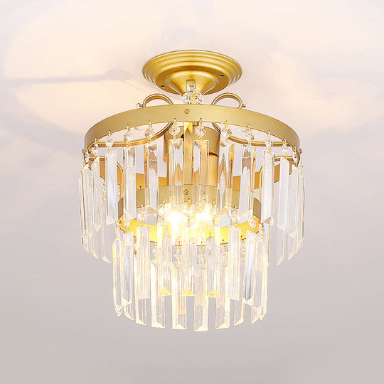 Gold 2-Layer Crystal Semi Flush Mount Light Fixture With 3/5 Bulbs - Postmodern Style For Living