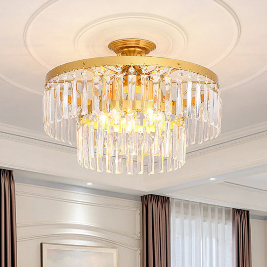 Gold 2-Layer Crystal Semi Flush Mount Light Fixture with 3/5 Bulbs - Postmodern Style for Living Room