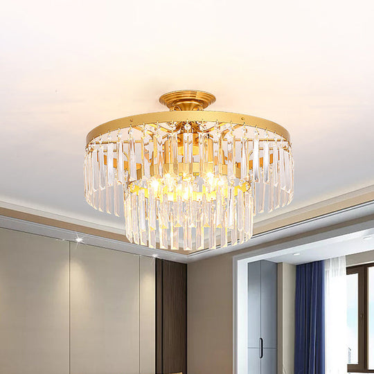 Gold 2-Layer Crystal Semi Flush Mount Light Fixture with 3/5 Bulbs - Postmodern Style for Living Room