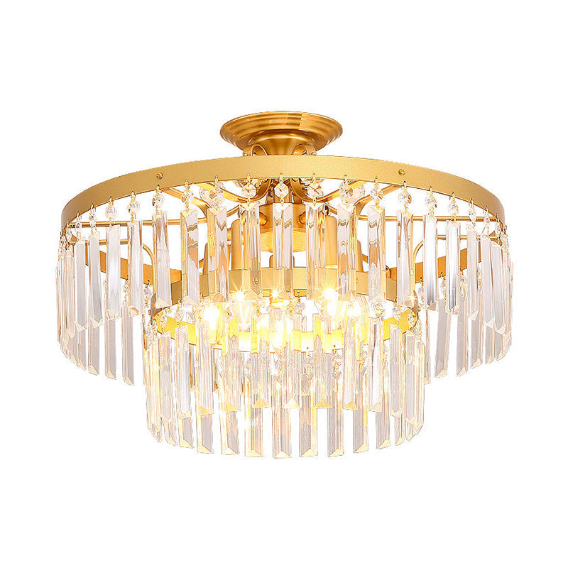 Gold 2-Layer Crystal Semi Flush Mount Light Fixture with 3/5 Bulbs - Postmodern Style for Living Room