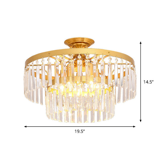 Gold 2-Layer Crystal Semi Flush Mount Light Fixture with 3/5 Bulbs - Postmodern Style for Living Room