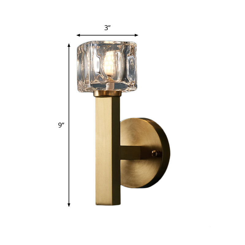 Brass Cylinder Sconce With Clear Crystal Block For Modern Living Room Lighting