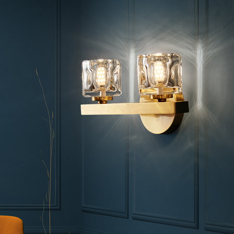 Brass Cylinder Sconce With Clear Crystal Block For Modern Living Room Lighting