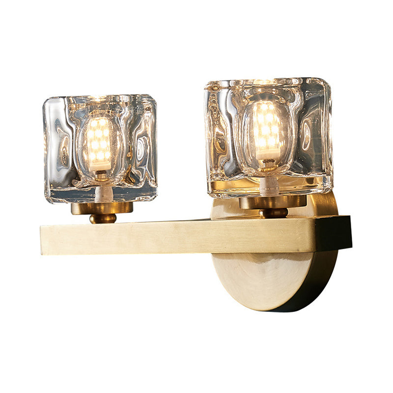 Brass Cylinder Sconce With Clear Crystal Block For Modern Living Room Lighting