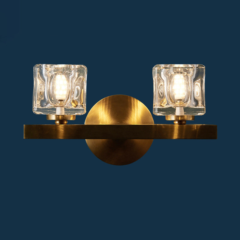 Brass Cylinder Sconce With Clear Crystal Block For Modern Living Room Lighting