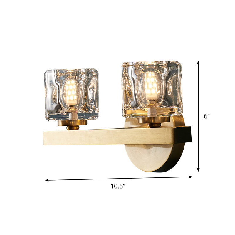 Brass Cylinder Sconce With Clear Crystal Block For Modern Living Room Lighting