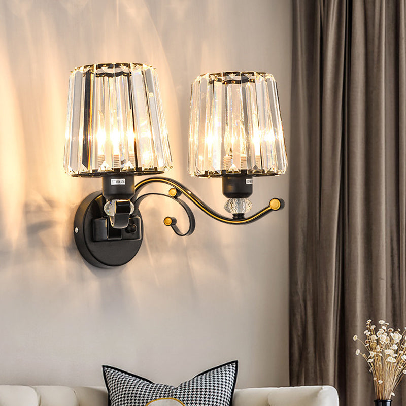 Modern Black Crystal Block Wall Sconce Lamp - Sleek Half-Bulb Tapered Design For Living Room