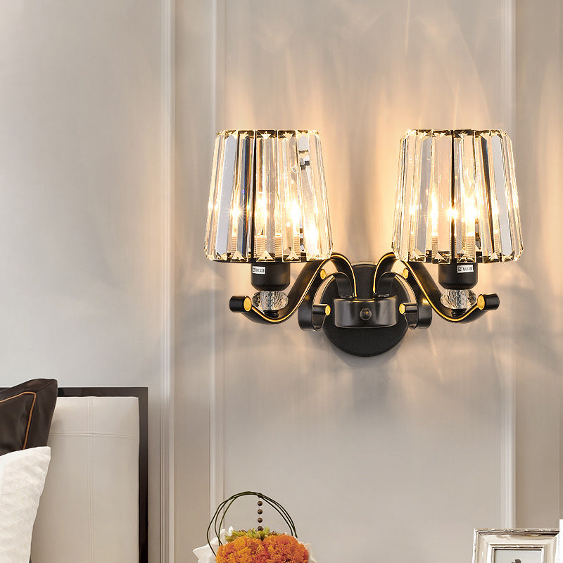 Modern Black Crystal Block Wall Sconce Lamp - Sleek Half-Bulb Tapered Design For Living Room