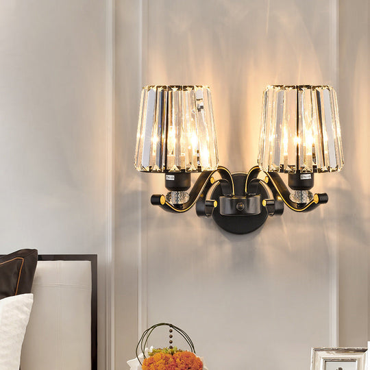 Modern Black Crystal Block Wall Sconce Lamp - Sleek Half-Bulb Tapered Design For Living Room