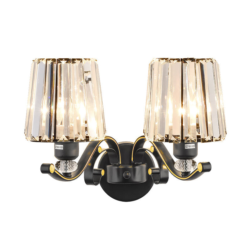 Modern Black Crystal Block Wall Sconce Lamp - Sleek Half-Bulb Tapered Design For Living Room