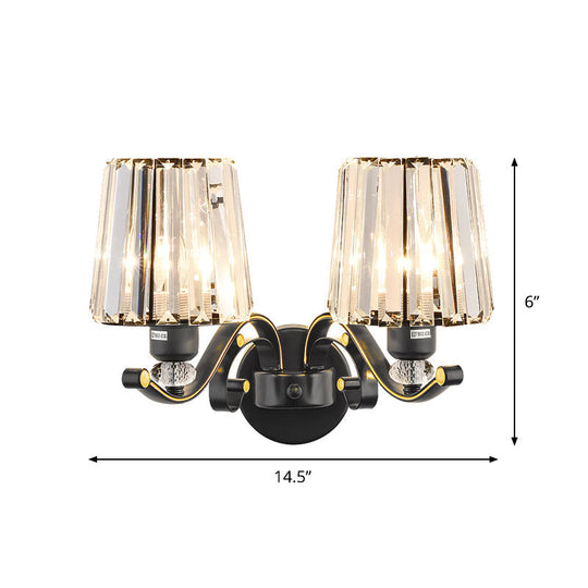 Modern Black Crystal Block Wall Sconce Lamp - Sleek Half-Bulb Tapered Design For Living Room