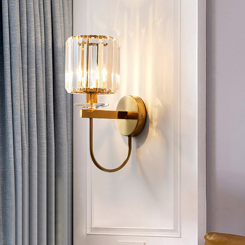 Modern Crystal Column Sconce Wall Light In Gold With Gooseneck Arm - 1 Bulb Fixture For Living Room