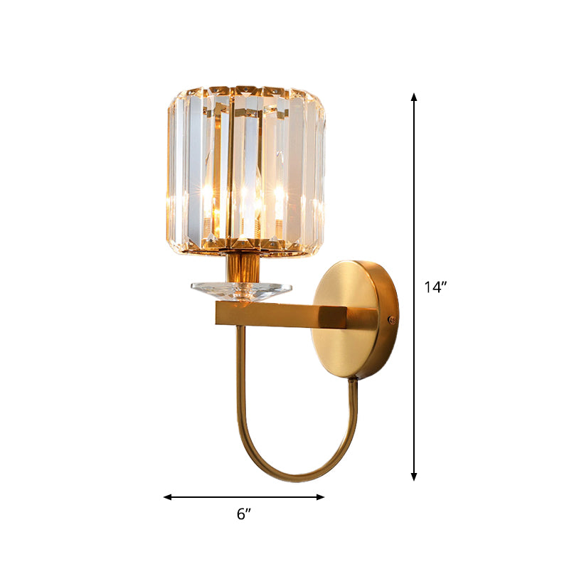 Modern Crystal Column Sconce Wall Light In Gold With Gooseneck Arm - 1 Bulb Fixture For Living Room