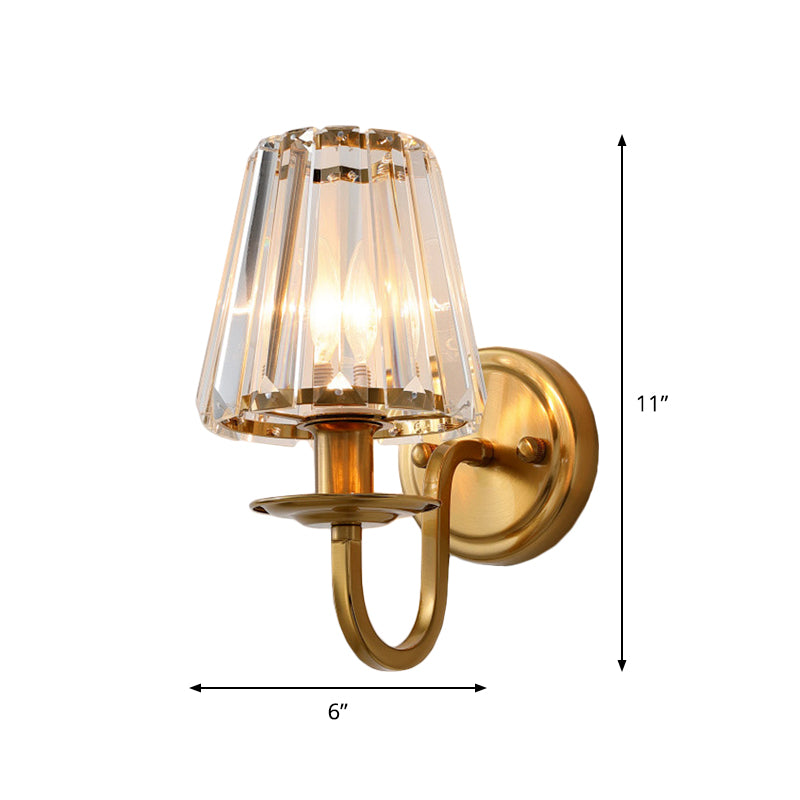 Gold Cone Wall Sconce With Crystal & Arched Arm