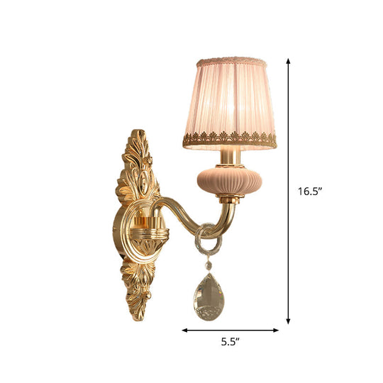 Fabric Pink Wall Light Cone 1/2-Bulb Sconce With Crystal Drop - Rural Lighting Fixture