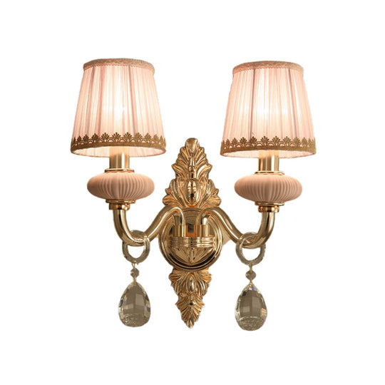 Fabric Pink Wall Light Cone 1/2-Bulb Sconce With Crystal Drop - Rural Lighting Fixture