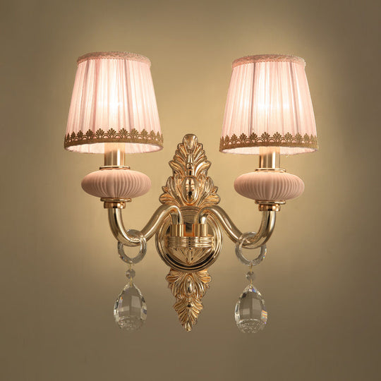 Fabric Pink Wall Light Cone 1/2-Bulb Sconce With Crystal Drop - Rural Lighting Fixture