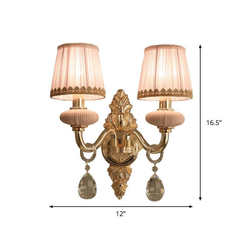 Fabric Pink Wall Light Cone 1/2-Bulb Sconce With Crystal Drop - Rural Lighting Fixture